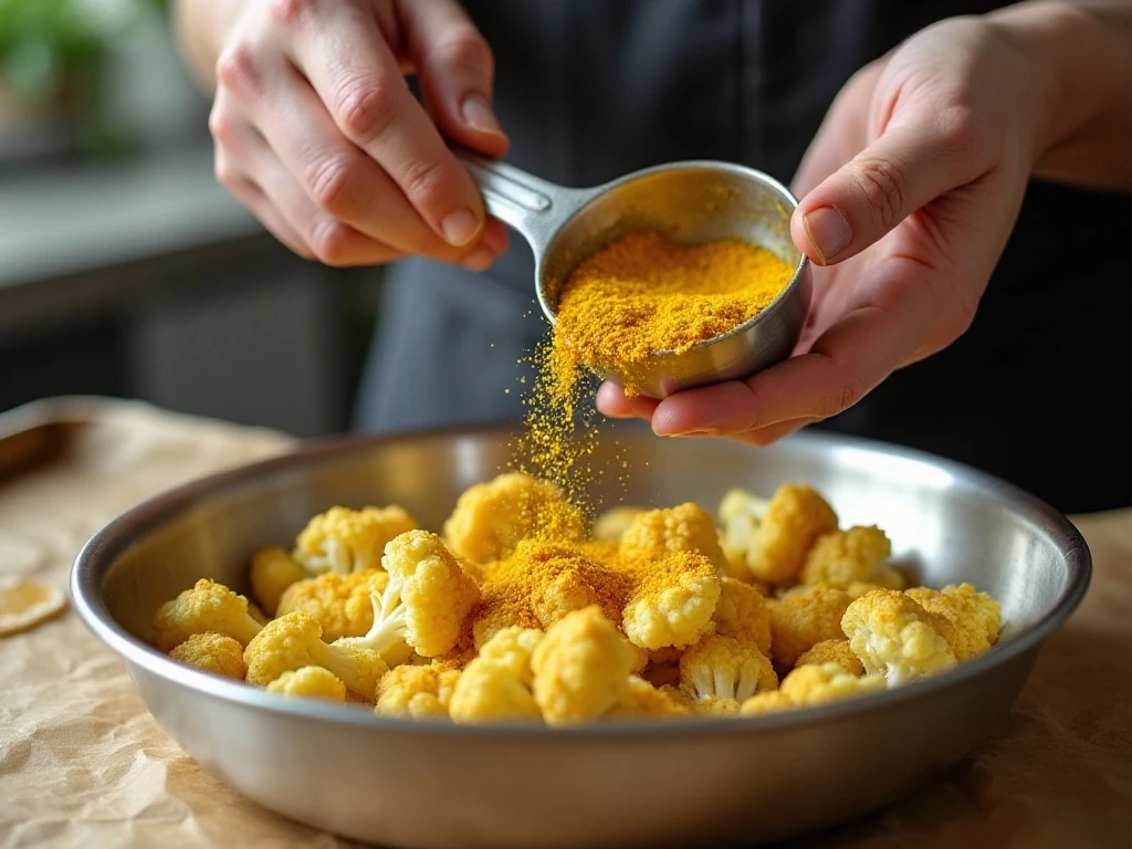 Cauliflower florets being coated with turmeric cumin seasoning