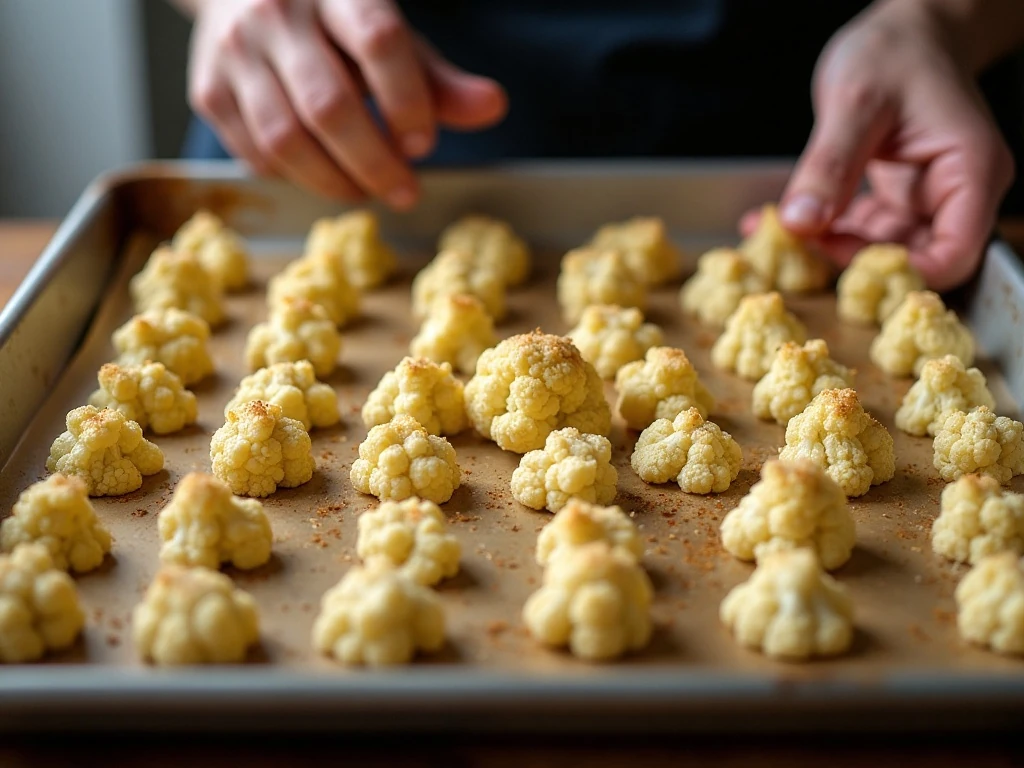 Uncrowded cauliflower florets arranged for roasting