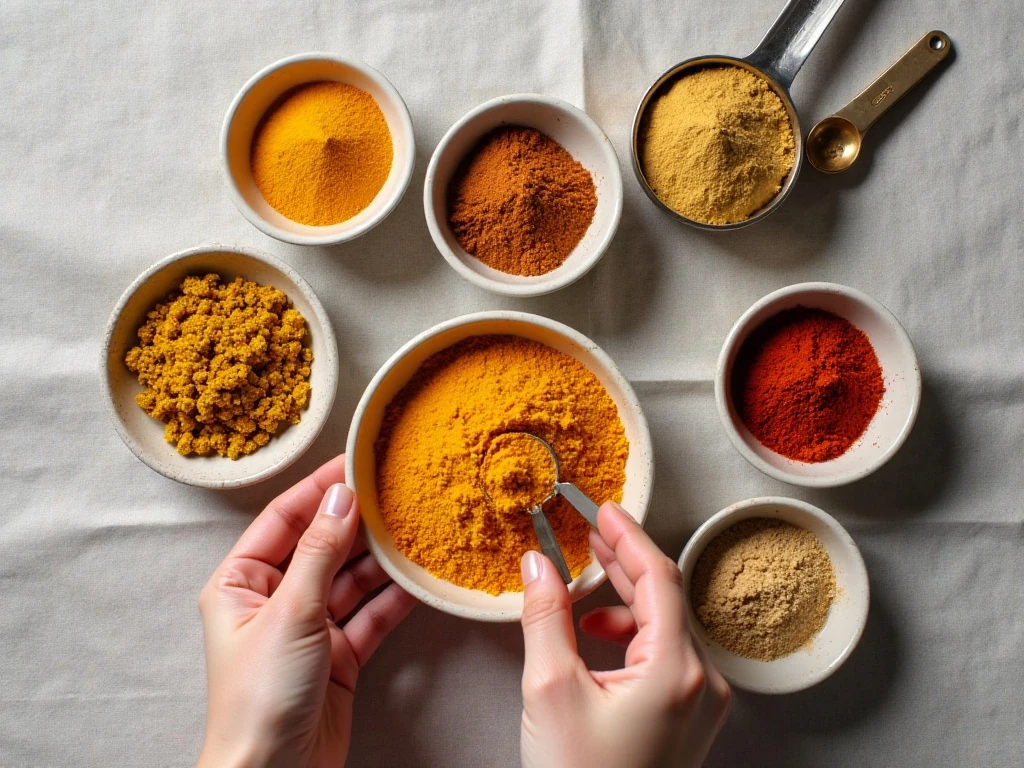 Six turmeric substitutes arranged with ground turmeric and measuring spoons