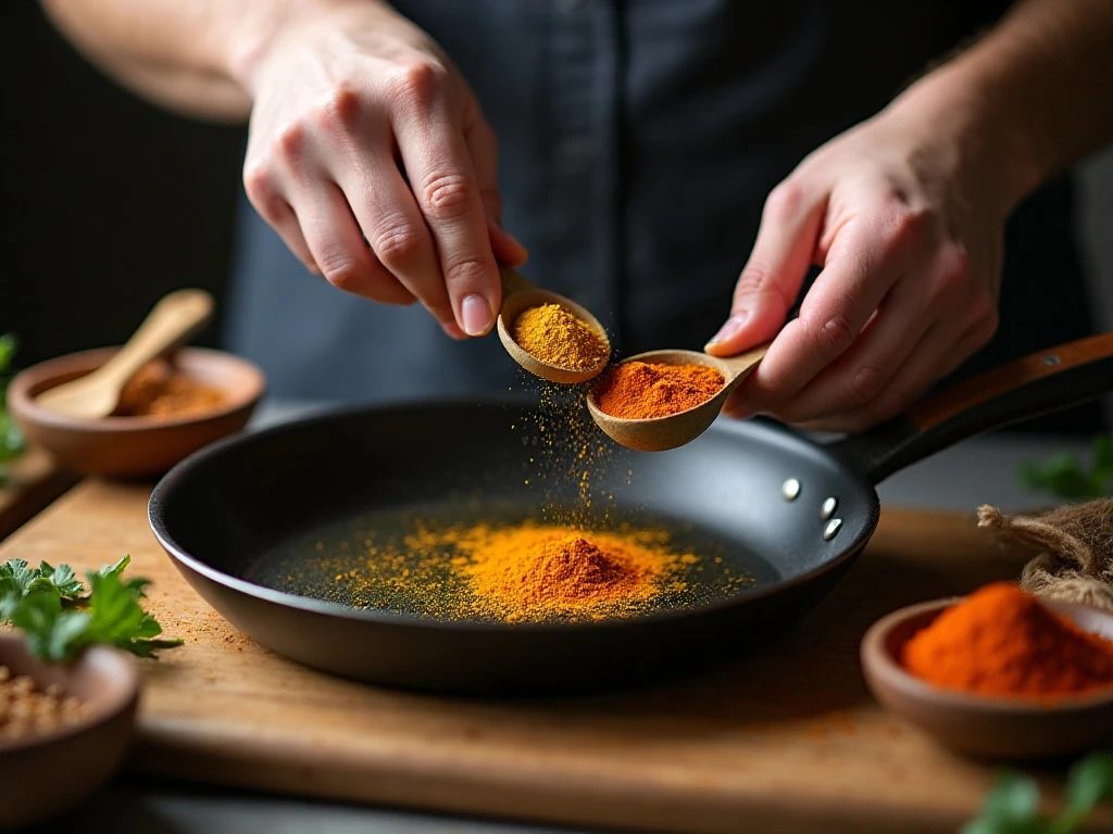Ground spices blooming in oil for a turmeric substitution
