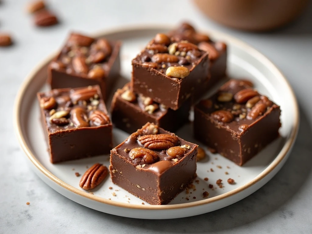 Plate of homemade turtle fudge squares with chocolate, caramel, and pecans