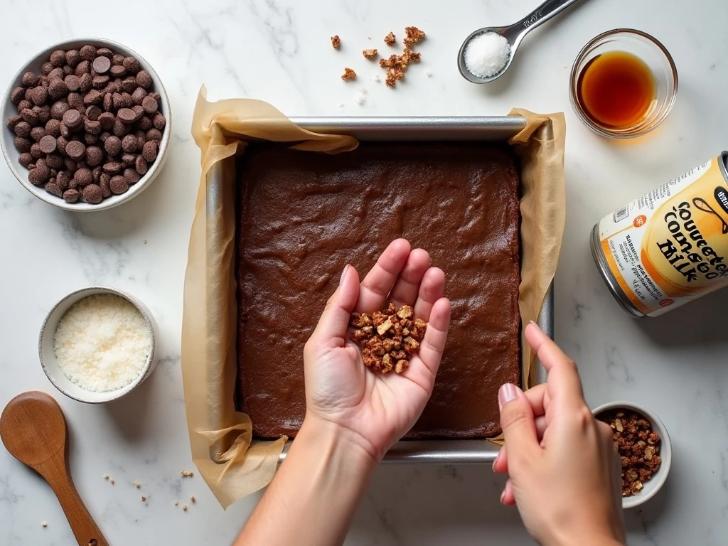 Ingredients for easy turtle fudge arranged around a square baking pan