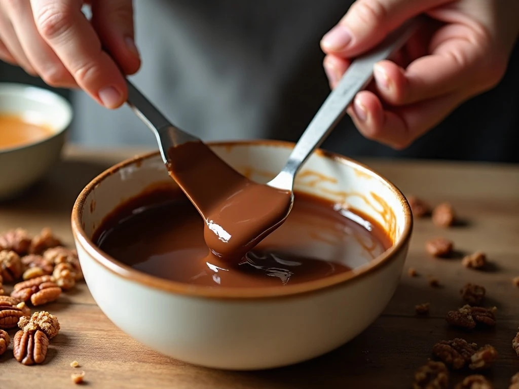 Stirring chocolate and condensed milk for turtle fudge