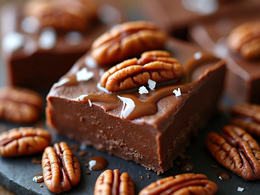 Close-up of caramel swirls, toasted pecans, and sea salt on turtle fudge
