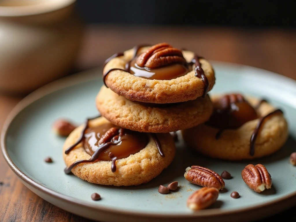 Stack of caramel pecan turtle thumbprint cookies with chocolate drizzle