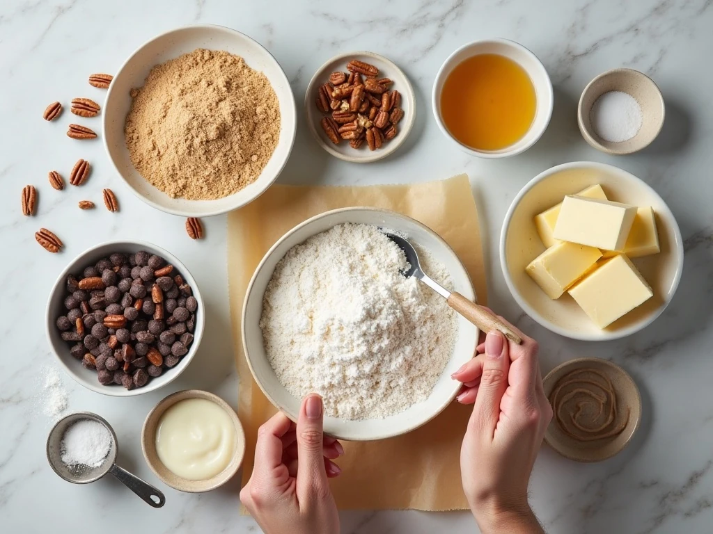 Ingredients for easy turtle thumbprint cookies