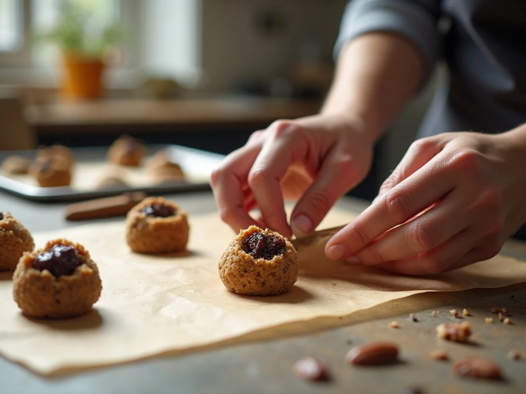 Pecan-coated thumbprint cookie dough ready for baking
