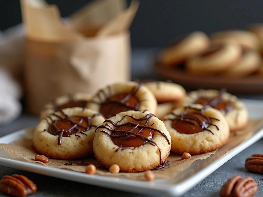 Caramel-filled turtle thumbprint cookies ready to serve