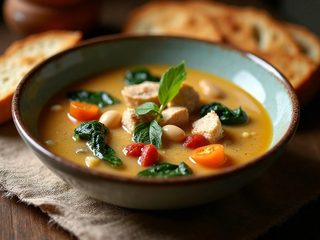 Creamy Tuscan chicken soup served with crusty bread