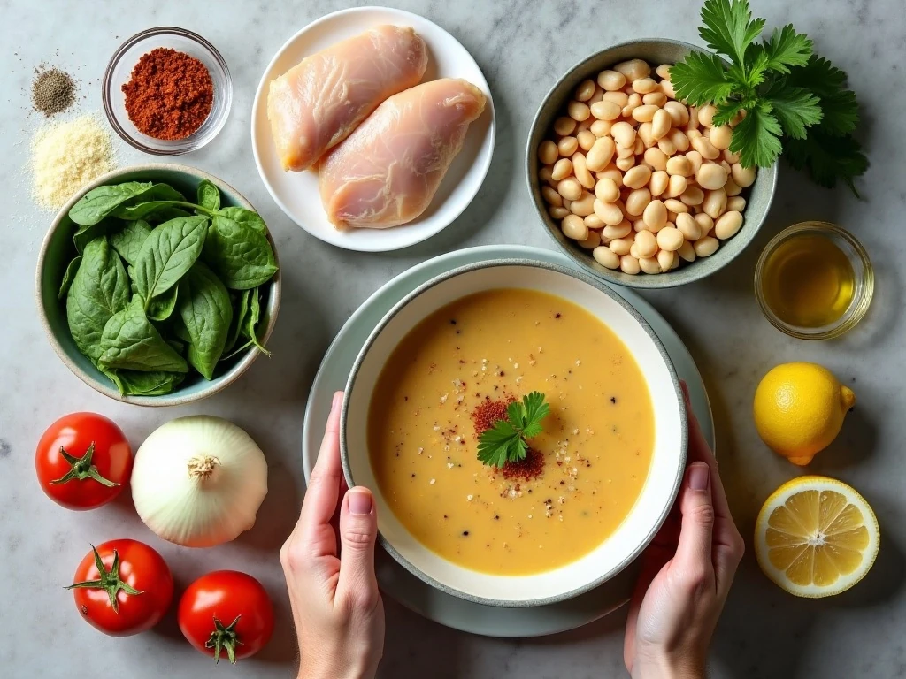 Ingredients for creamy Tuscan chicken soup arranged on a counter