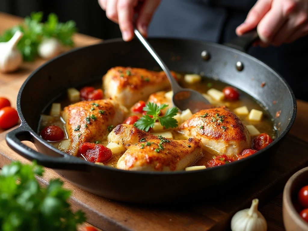 Chicken browning in a Dutch oven for Tuscan soup