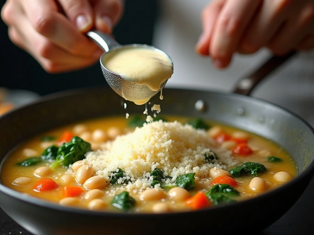 Cream and Parmesan being stirred into creamy chicken soup