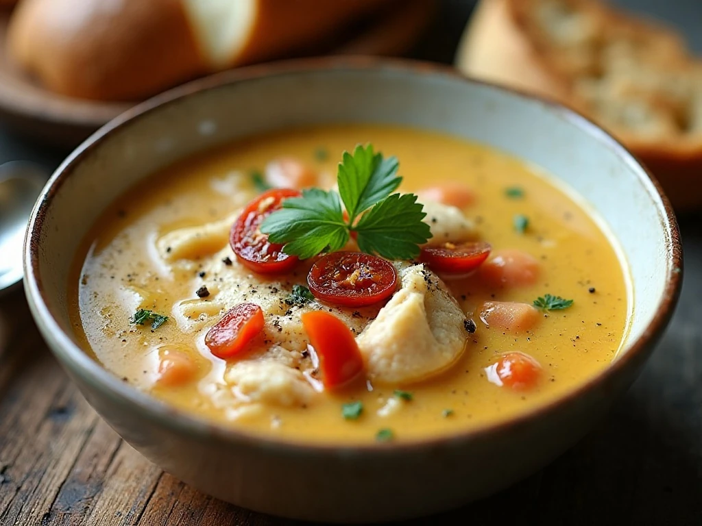 Tuscan chicken soup garnished with Parmesan and parsley
