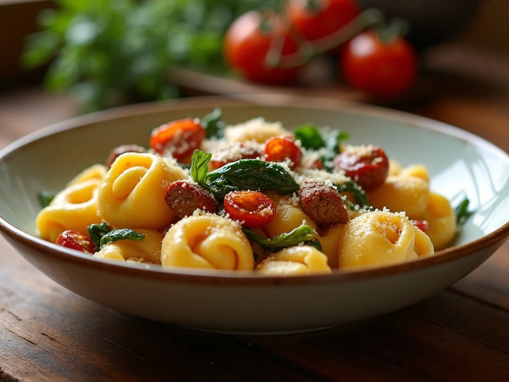 Creamy Tuscan tortellini with sausage, spinach, and sun-dried tomatoes