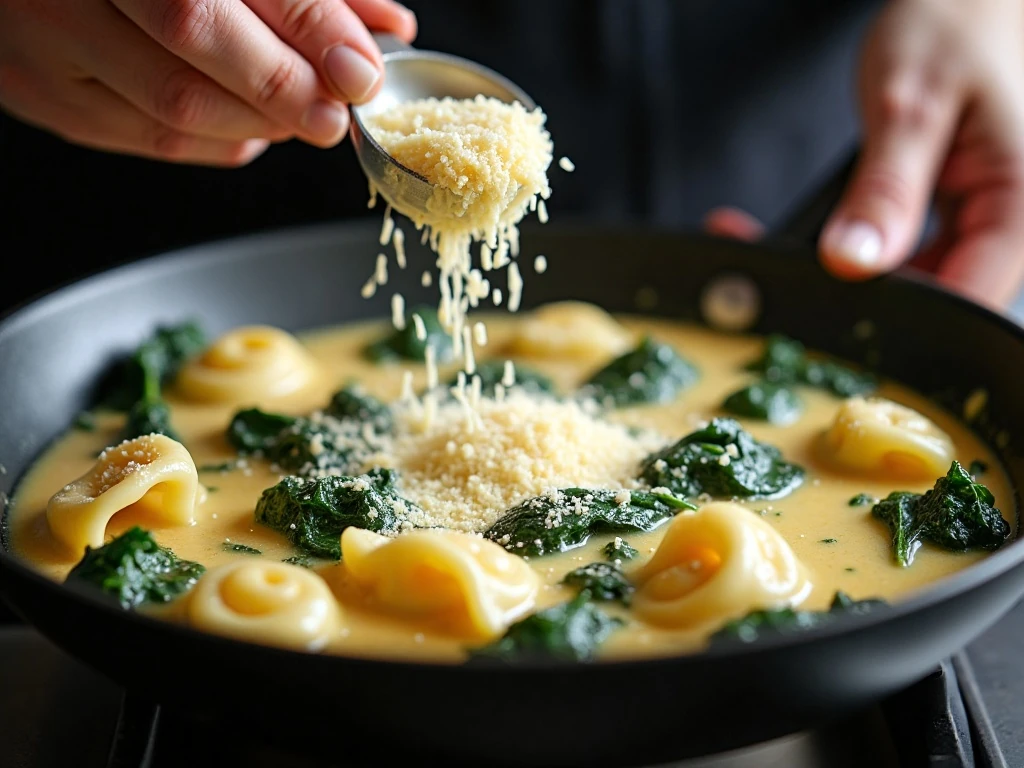 Fresh Parmesan stirred into creamy tortellini sauce