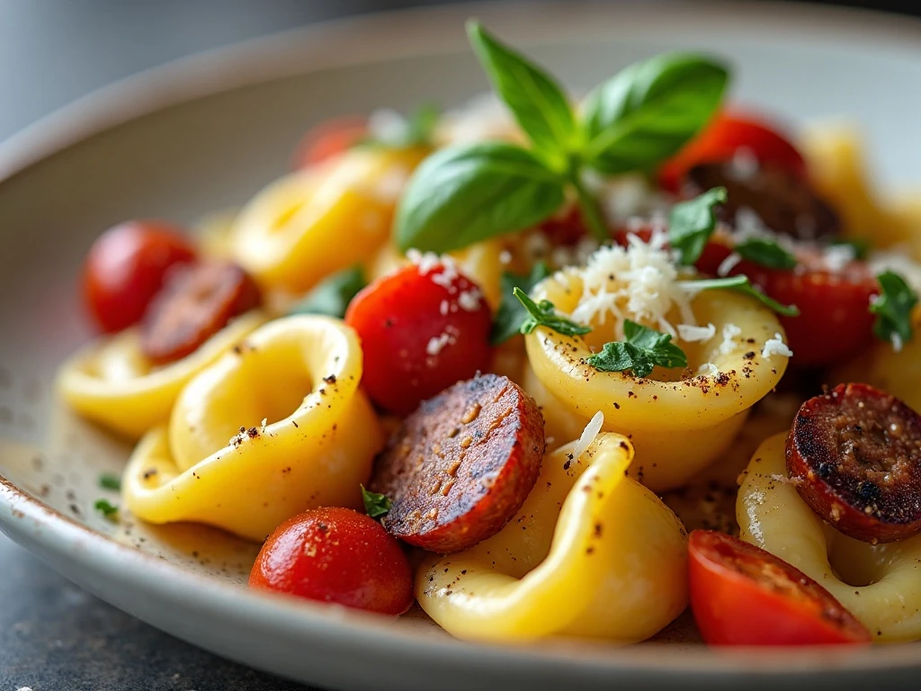 Garnished creamy Tuscan tortellini ready to serve