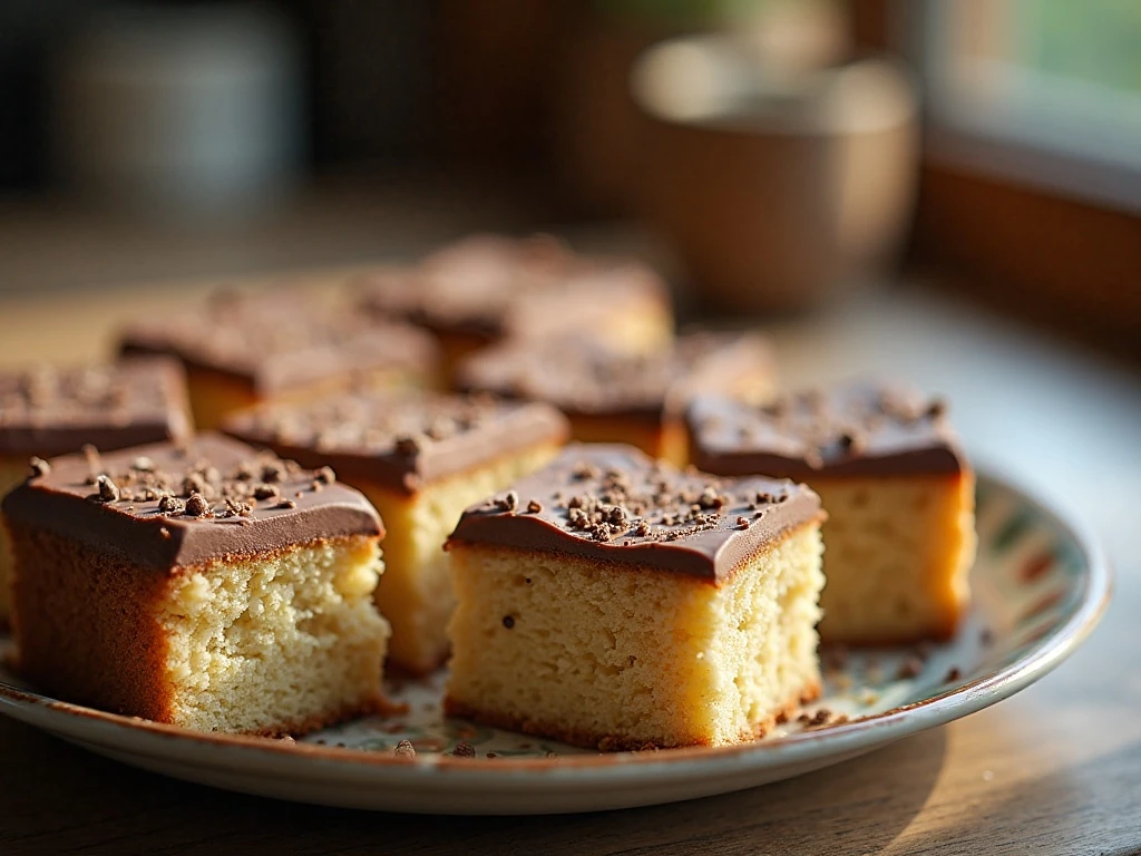Slices of old fashioned Tweed Cake showing the chocolate-speckled crumb