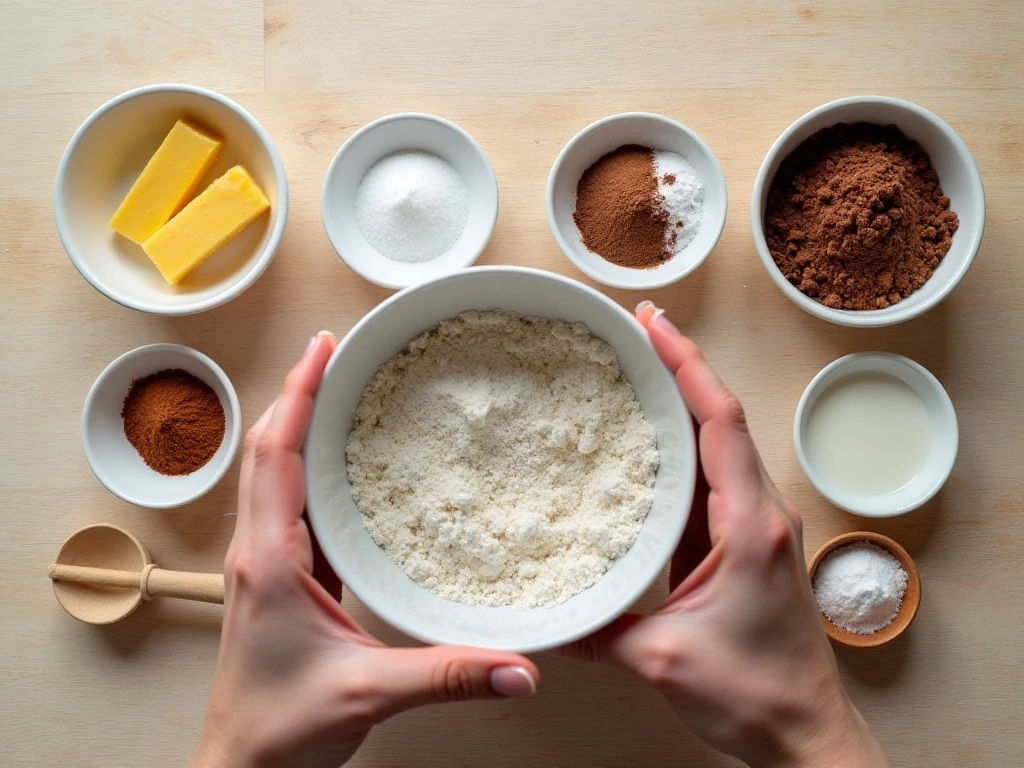 Ingredients for old fashioned Tweed Cake with chocolate flakes and cocoa icing