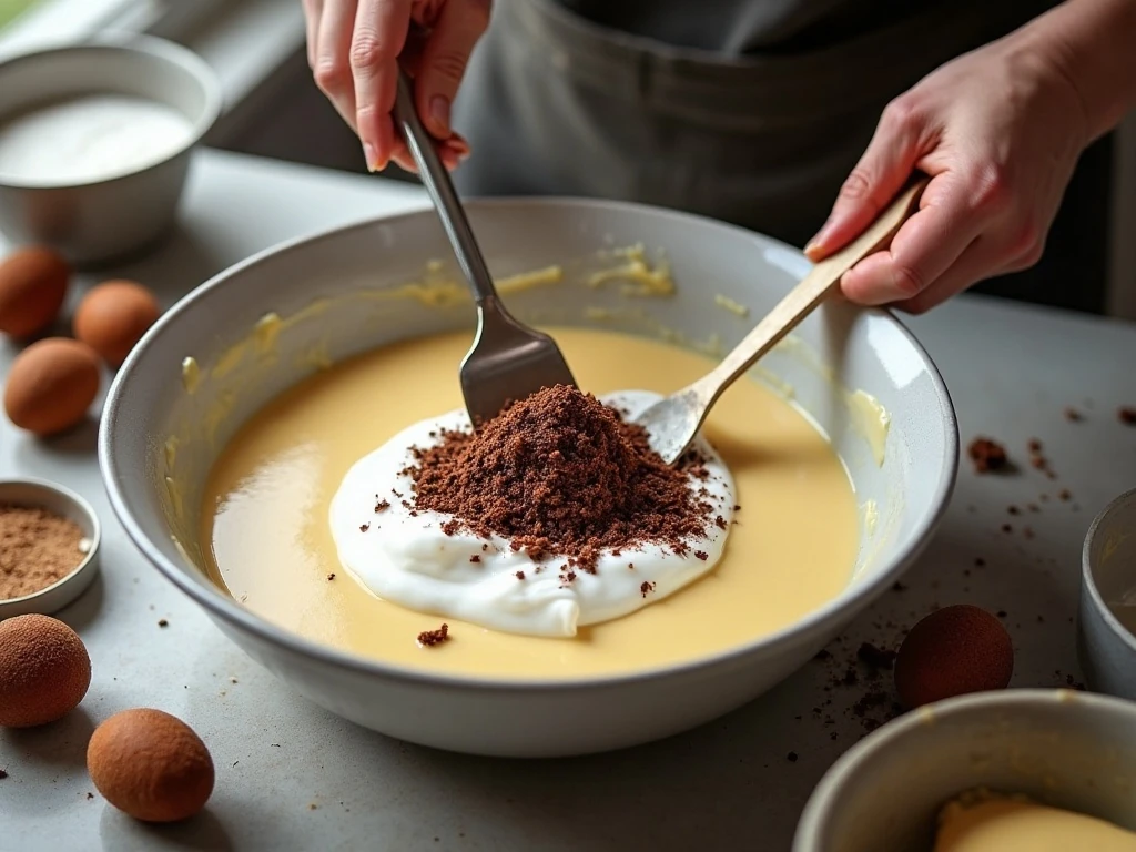 Folding whipped egg whites and grated chocolate into Tweed Cake batter