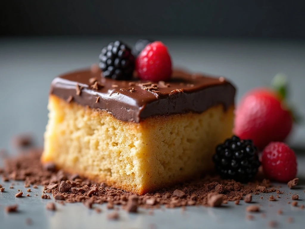 Tweed Cake decorated with chocolate shavings and fresh berries