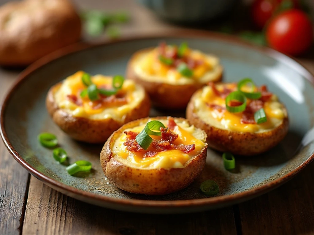 Golden twice-baked potatoes with bacon, Cheddar, and green onions