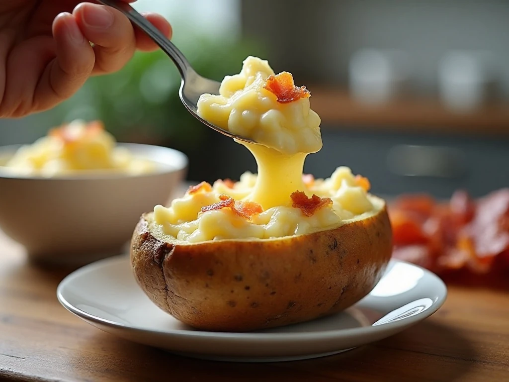 Scooping baked potato flesh for twice-baked potato filling