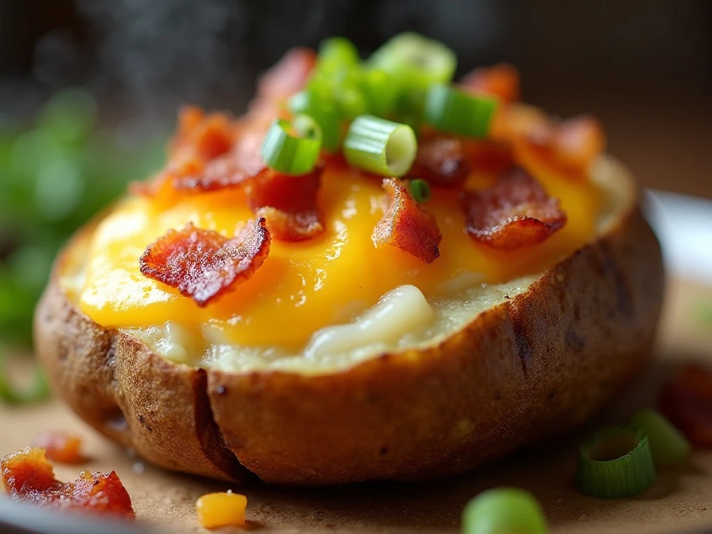 Close-up of cheesy twice-baked potato with bacon and green onion