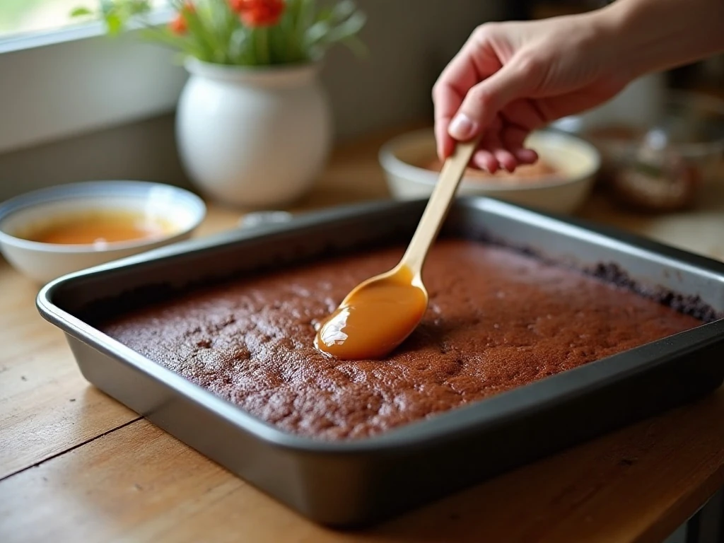 Poking holes in chocolate cake before adding caramel sauce