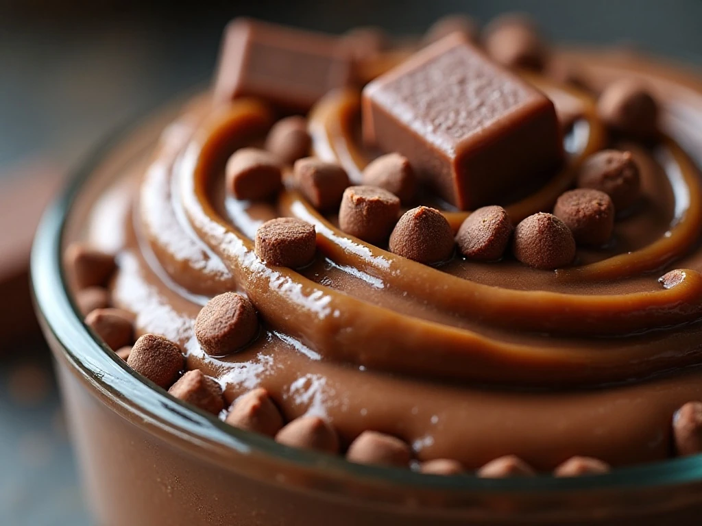 Twix pieces and caramel topping on chocolate poke cake