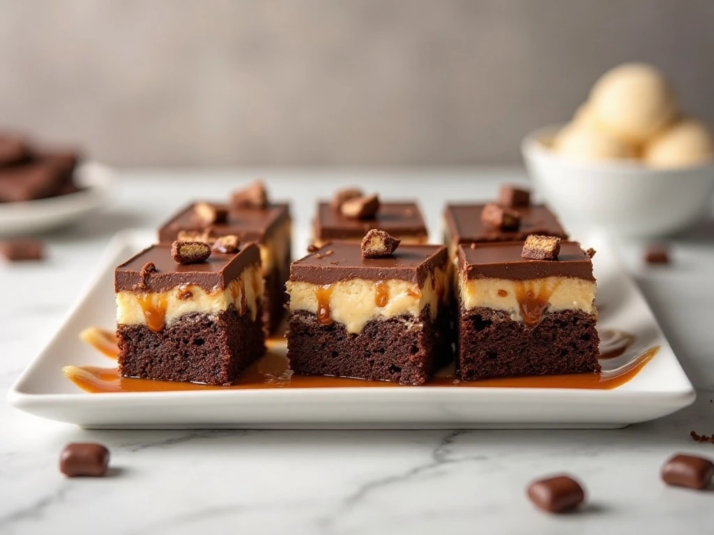 Decadent Twix Cake squares ready to serve