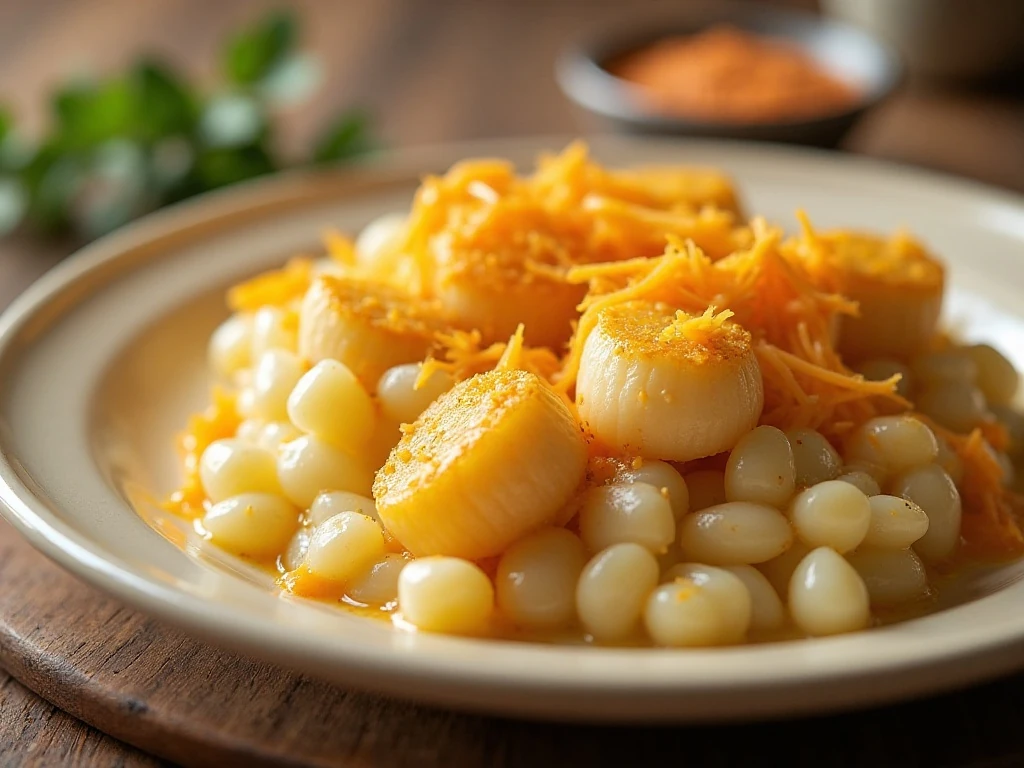 Creamy two-potato scallop casserole with a golden cheddar topping