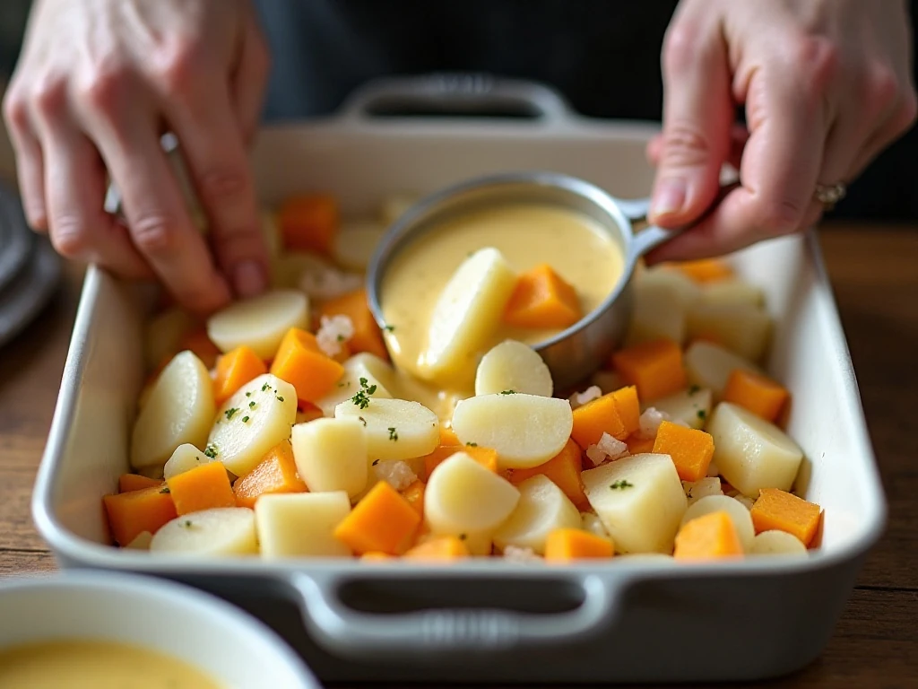 Layering sliced white potatoes, sweet potatoes, and onion in a casserole dish