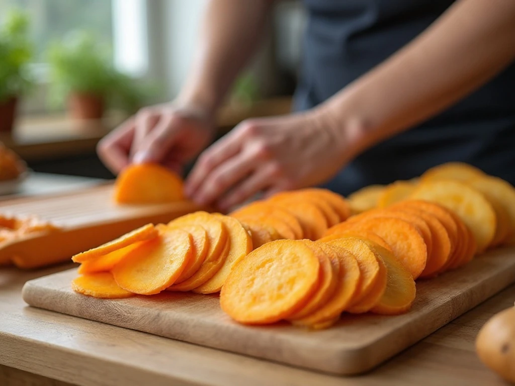 Thin evenly sliced potatoes prepared for a scalloped casserole