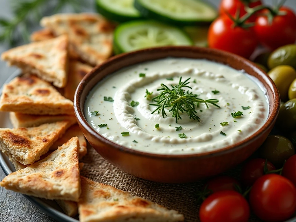 Creamy Greek tzatziki served with pita and fresh vegetables