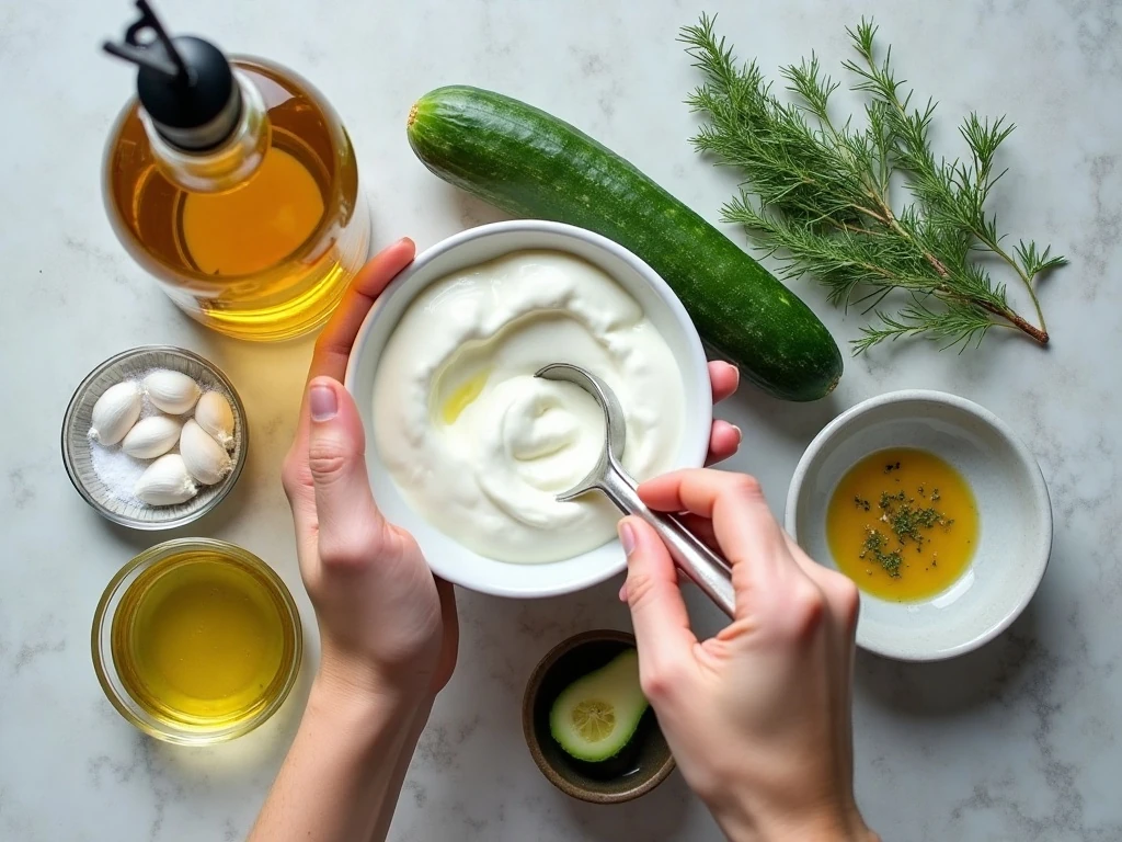 Ingredients for authentic Greek tzatziki with Greek yogurt