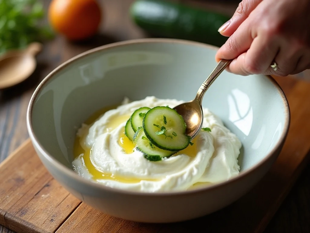 Mixing drained cucumber and Greek yogurt for tzatziki