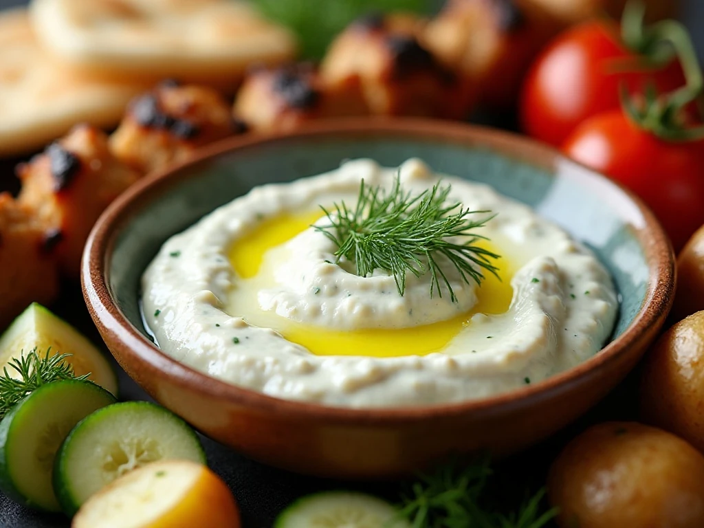 Greek tzatziki served with pita, grilled foods, and vegetables