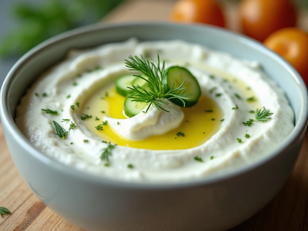 Close-up of garnished homemade Greek tzatziki