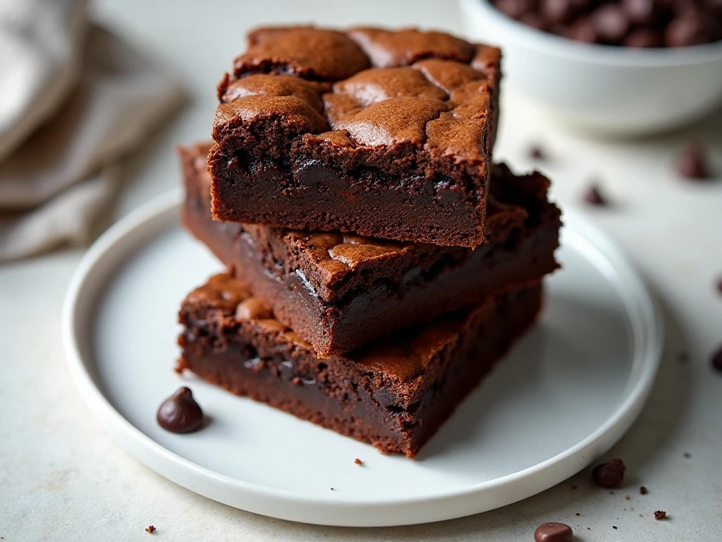 Stack of thick fudgy brownies with crackled tops