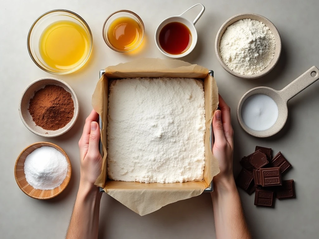 Ingredients for homemade fudgy brownies arranged on a counter