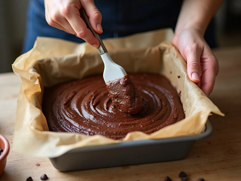 Folding chocolate brownie batter before baking