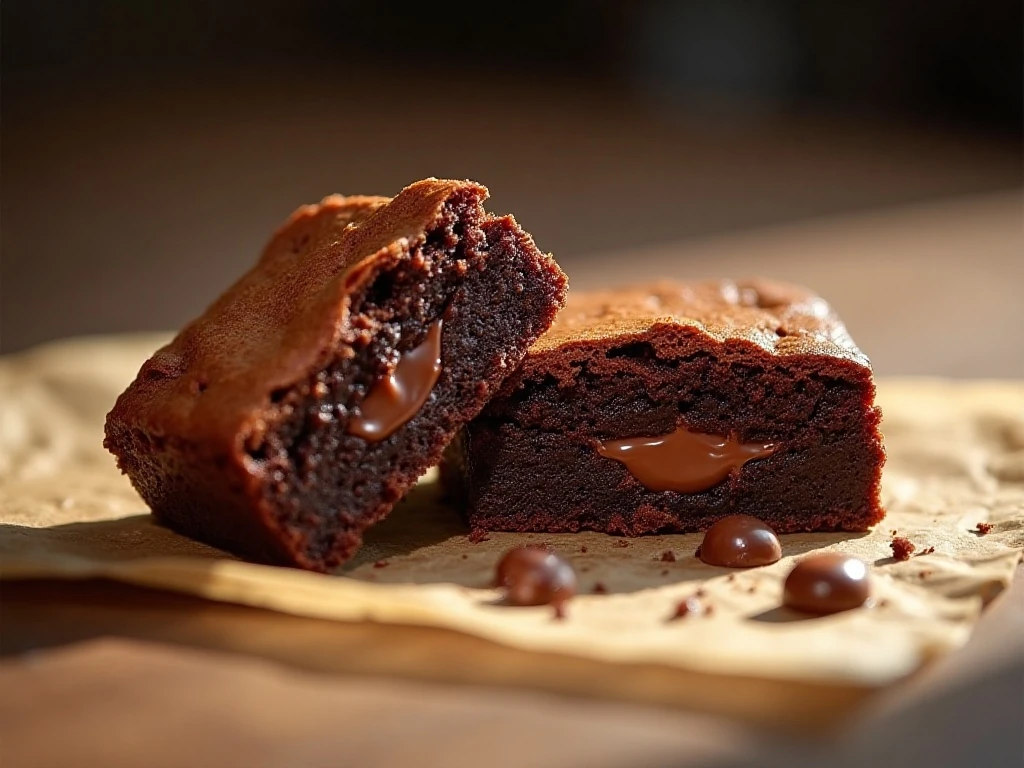 Close-up of a fudgy brownie center with melted chocolate