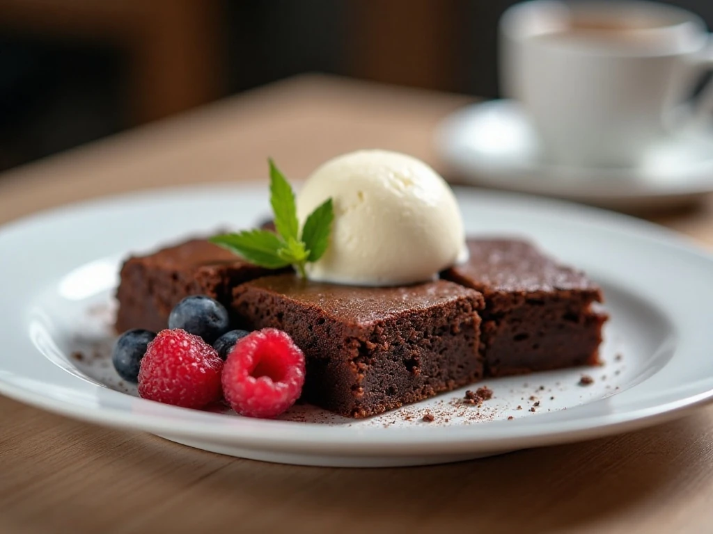 Fudgy brownies served with vanilla ice cream and berries