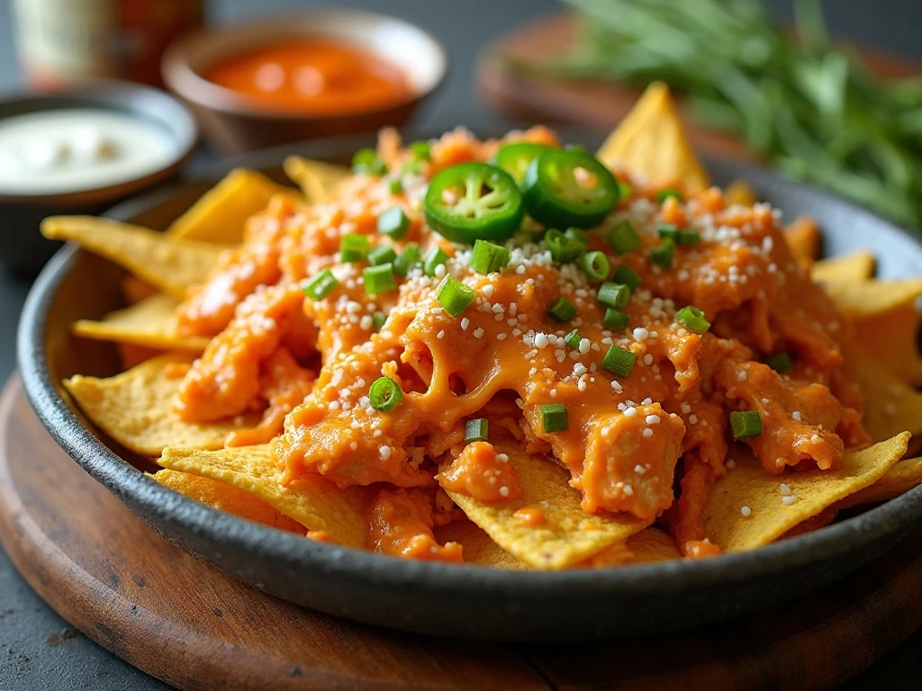 Finished Buffalo chicken nachos with melted cheese, ranch, celery, and green onions