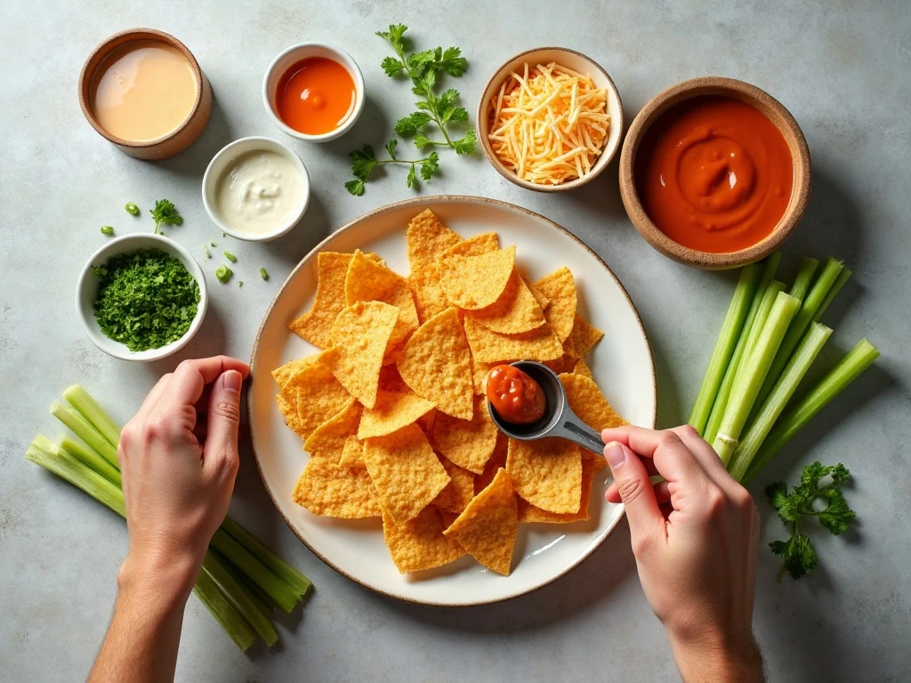 Ingredients for homemade Buffalo chicken nachos