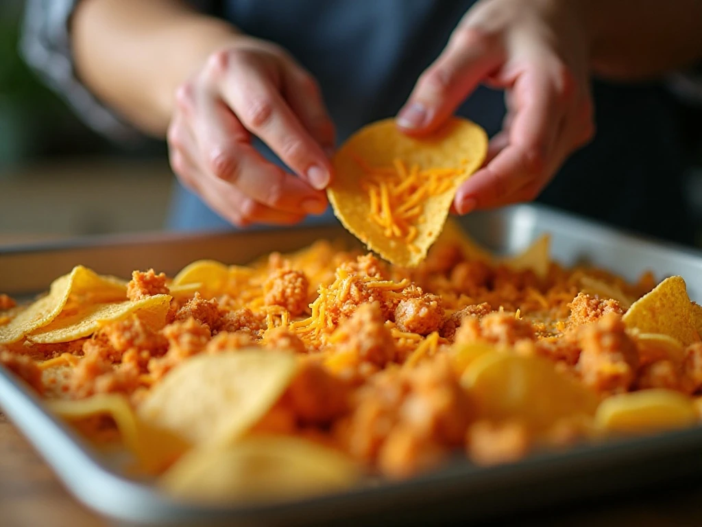 Building the first layer of Buffalo chicken nachos on a baking sheet