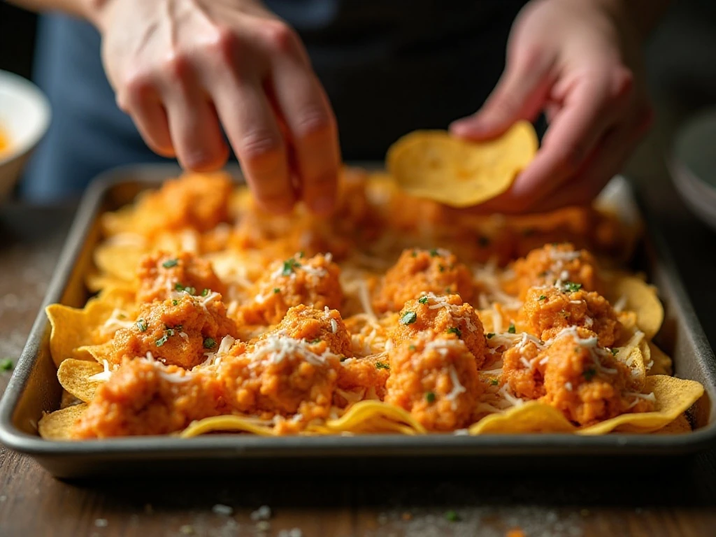 Two evenly layered rows of chips, Buffalo chicken, and cheese before baking