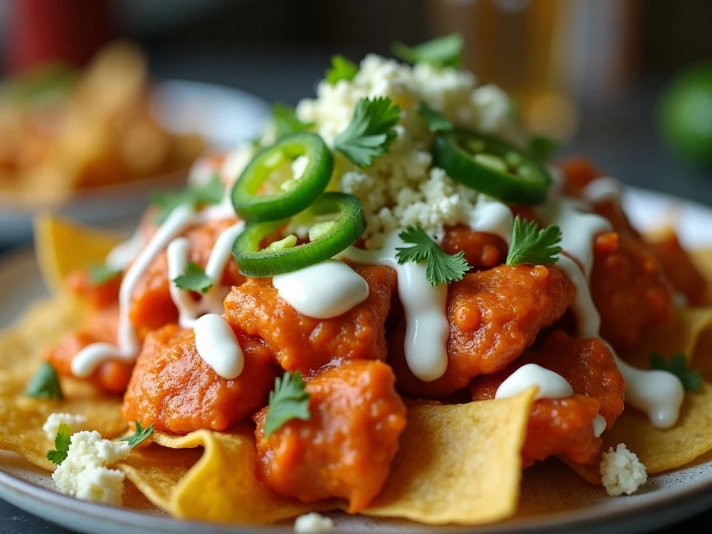 Ranch-drizzled Buffalo chicken nachos with fresh game-day garnishes
