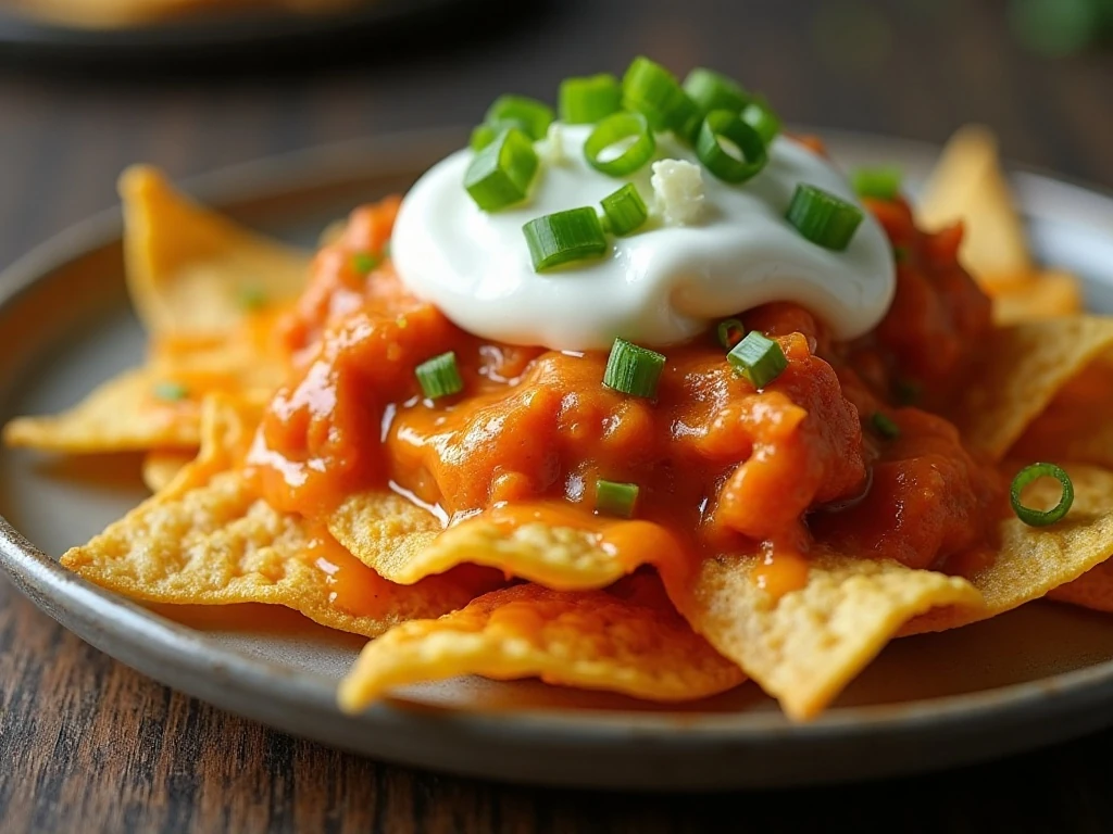 Reheated Buffalo chicken nachos served with fresh ranch and green onions