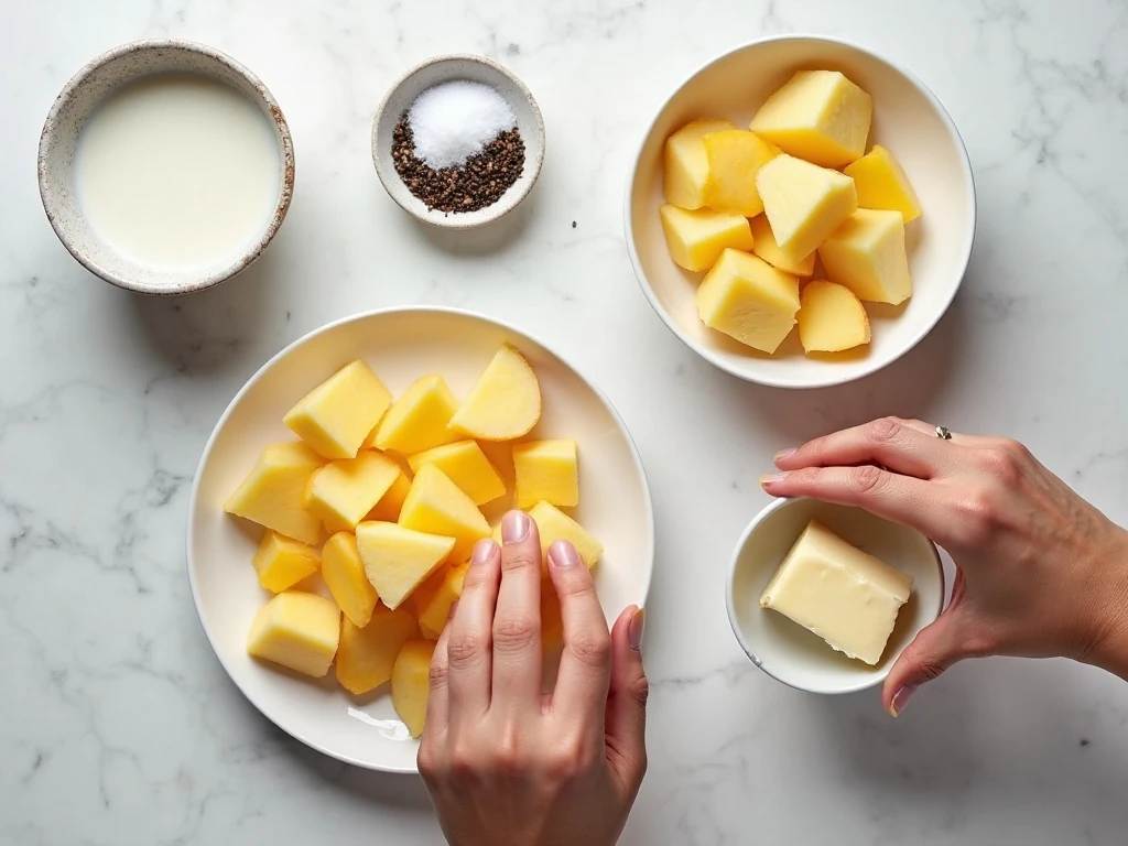 Ingredients for homemade sharp cheddar mashed potatoes